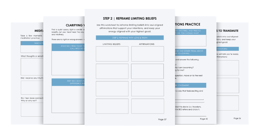 Digital workbook pages featuring exercises on reframing limiting beliefs and affirmations for personal growth.