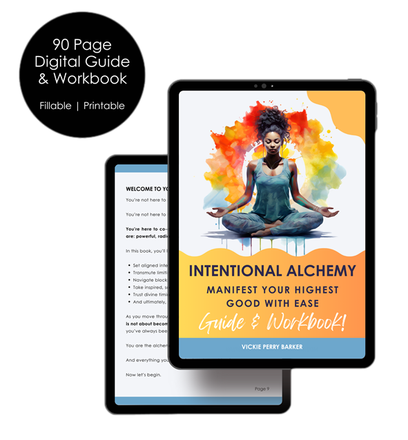 90-page digital guide and workbook titled 'Intentional Alchemy' on a tablet, featuring a meditating woman with colorful background.
