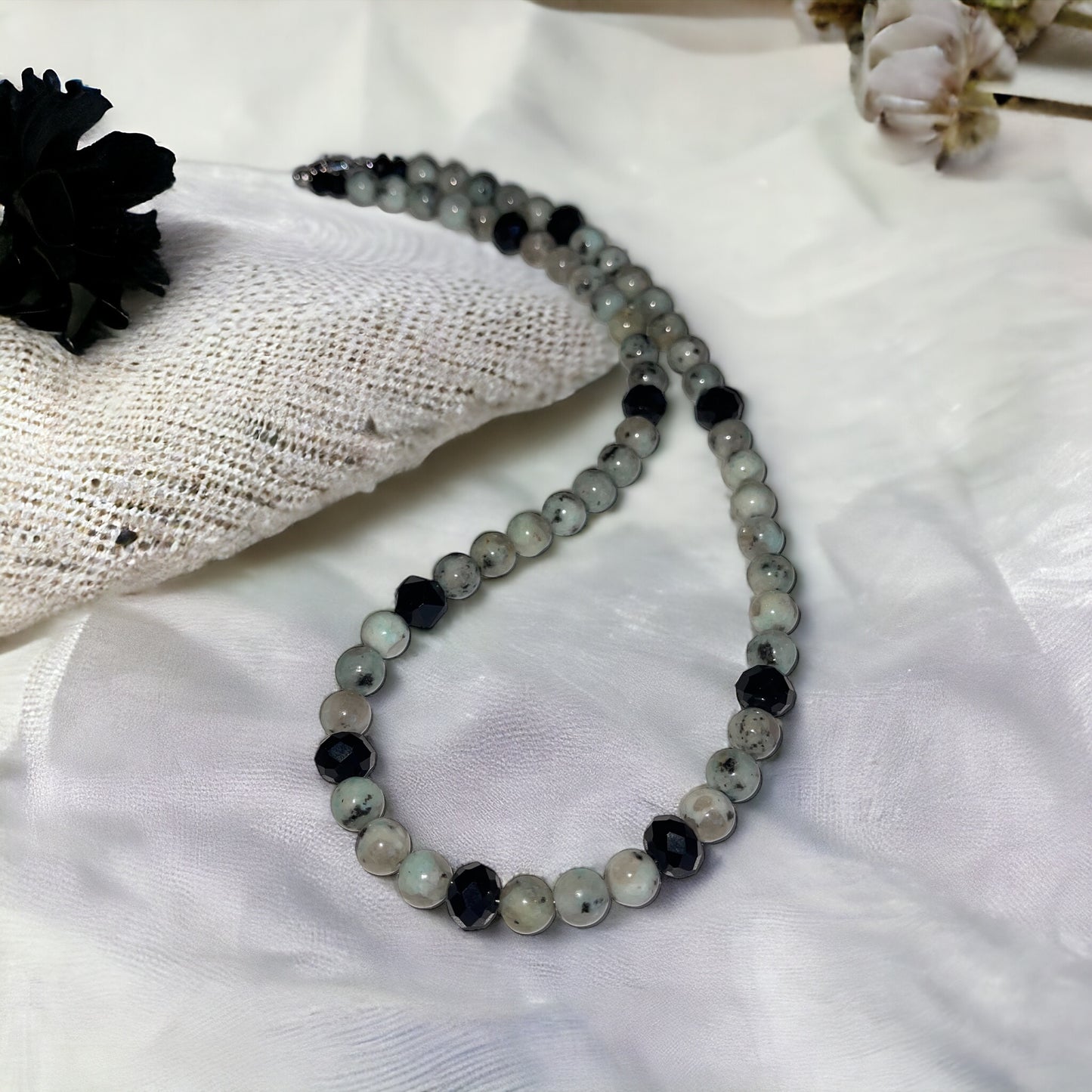 Kiwi Jasper & Obsidian Bead Necklace