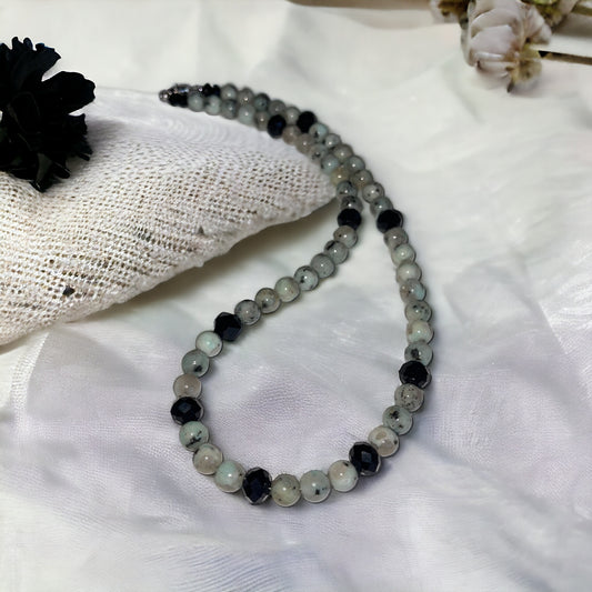 Kiwi Jasper & Obsidian Bead Necklace